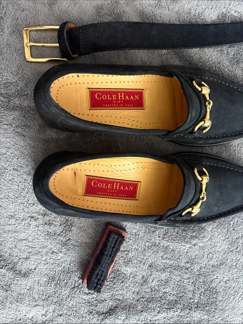 Cole Haan Black Suede Loafers with Gold Bit